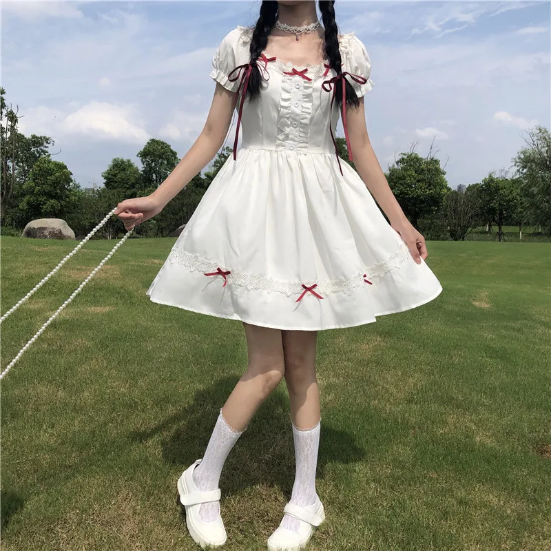 Japanese Summer Soft Girl College Style Dress Sweet Lace Square Collar Bow Kawaii Puff Sleeve Dress White Girly Fluffy Dresses