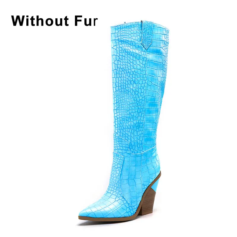 KemeKiss/брендовые сапоги до колена размера плюс 33-43, женские теплые плюшевые сапоги с острым носком на высоком каблуке, женские ковбойские ботинки, зимняя обувь для женщин - Цвет: blue no fur
