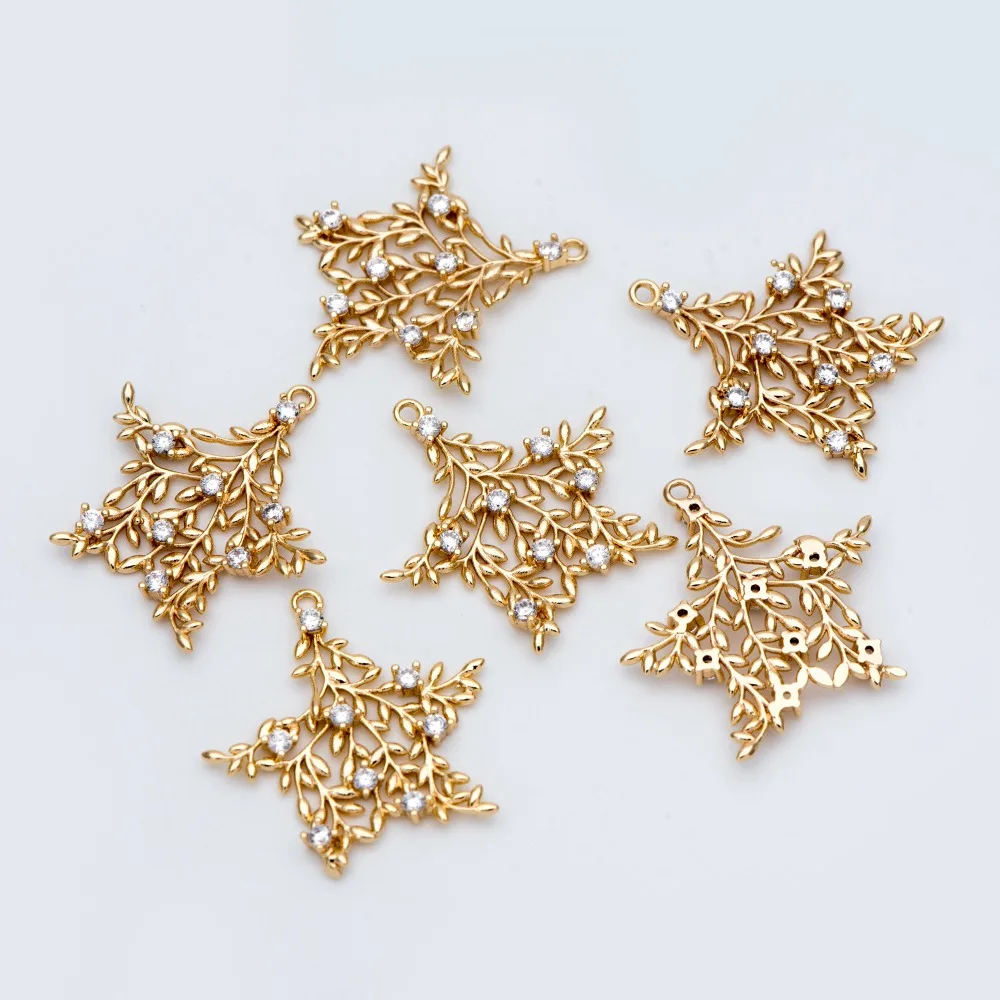 4 шт инкрустированный цирконами золотые украшения в виде звездочек, ветвь лист подвески 25 мм, для ожерелья Braelet DIY ювелирных изделий(GB-758
