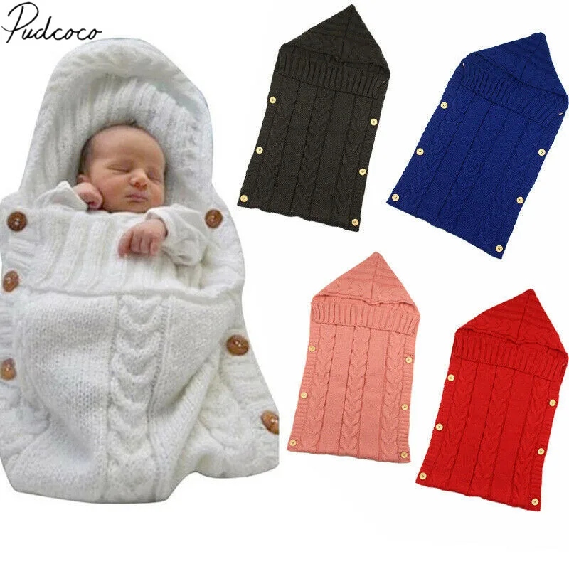 

2019 Baby Bedding Clothing Newborn Baby Infant Warm Swaddle Wrap Warm Blanket Soft Solid Knitting Flannel Buttons Sleeping Bag