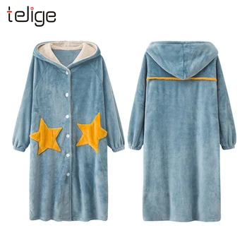 

Winter Cute Warm Bathrobes Women Cartoon Bear Rabbit Long-Length Robe Plus Size Soft Gown Female loose Hoodies Coat