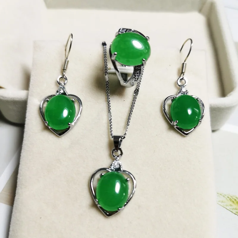 Jadery Silver Heart Earrings Jewelry Sets CZ Natural Green Jade Emerald Necklace/Ring 925 Women Party Gifts 2020 | Украшения и