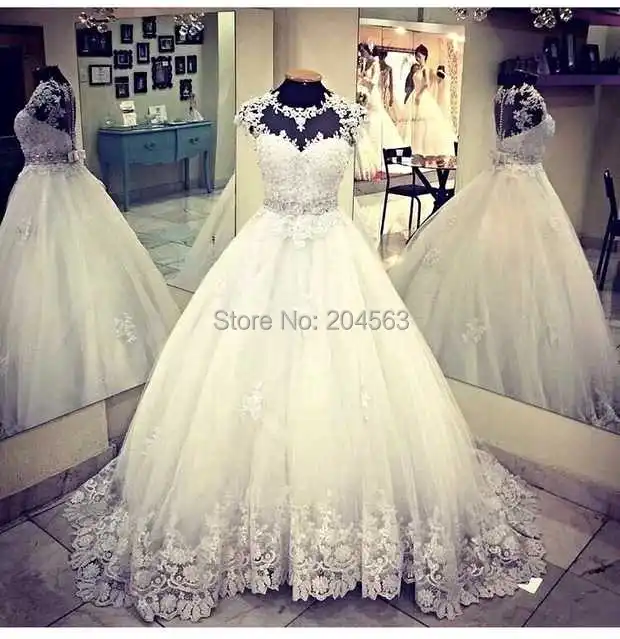 

Tulle Wedding Dresses with Beaded Sashes Romantic Ball Gown with Cap Sleeves custom size&color