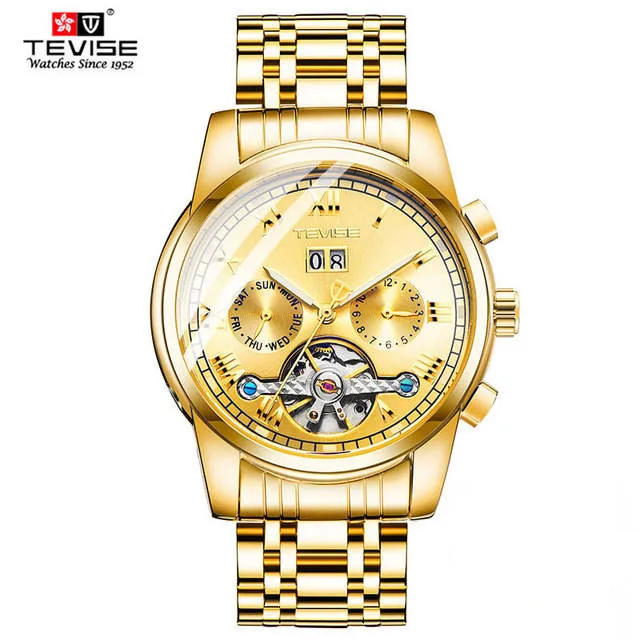 Роскошные мужские часы, автоматические механические часы, Топ бренд TEVISE, нержавеющая сталь, календарь, самовзводные наручные часы, турбийон - Цвет: Gold