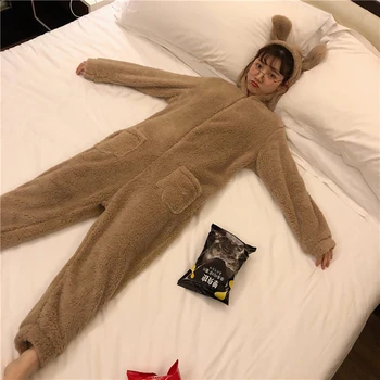 

Autumn Winter Women homewear Suit Thick Warm Coral Flannel nightgown Female Cartoon Animal pajamas with hood