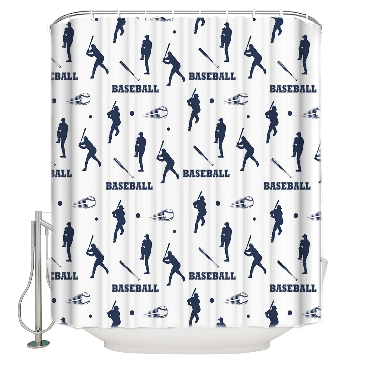 Shower Curtain Waterproof Polyester With 12 Hooks Baseball Sports White