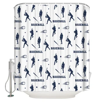 

Shower Curtain Waterproof Polyester With 12 Hooks Baseball Sports White