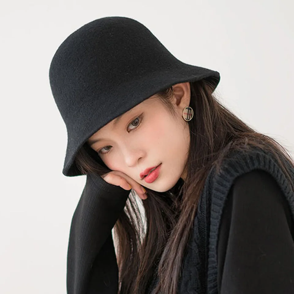 

Fashion Warm 100% Wool Bucket Hats Solid Color Round Top Brim Women Felt Cloche Fedora Hat Lady Bowler Classical Church Hat