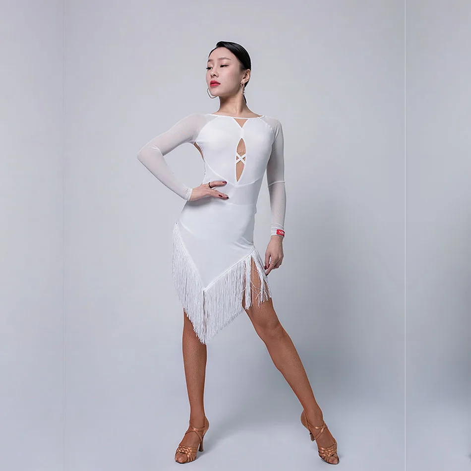 

Fringe Latin Dance Dress Women Patchwork Long Sleeve Tassel Dress for Ballroom Samba Tango Chacha Dancing Performamnce L9609