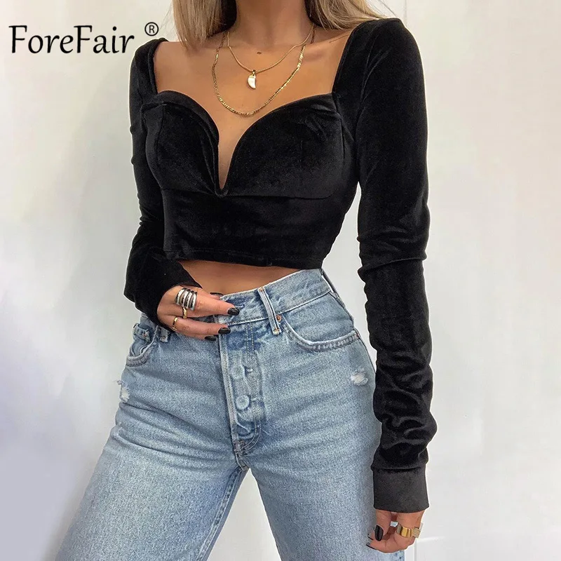 Forefair Сексуальная женская блузка бархатная черная с длинным рукавом мода весна 2020