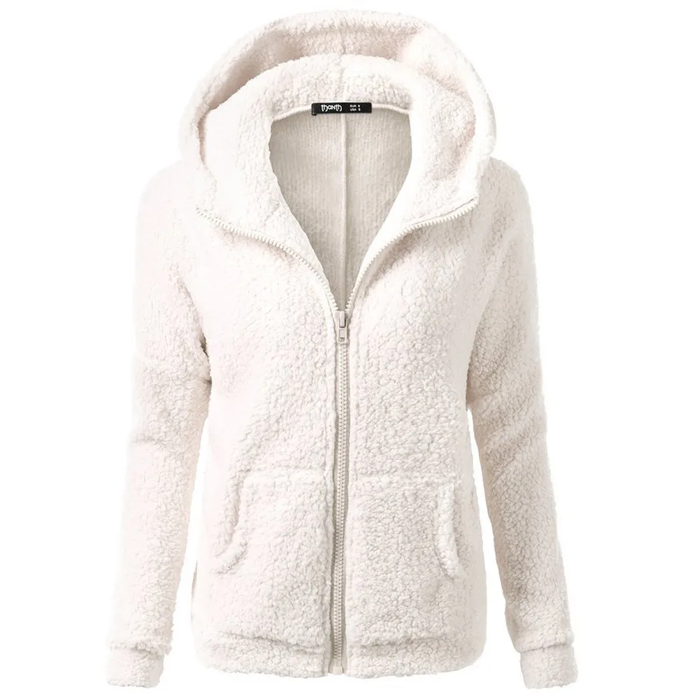 Women Solid Color Coat Thicken Soft Fleece Winter Autumn Warm Jacket Hooded Zipper Overcoat Female Fashion Casual Outwear Coat - Color: White