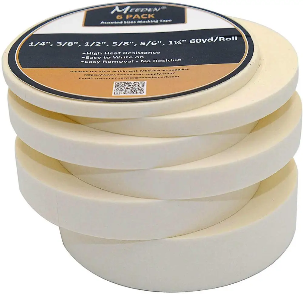 MEEDEN 6 Rolls Masking Tape White, 1/4", 3/8", 1/2", 5/8", 5/6", 1⅙"×60rd, Each 60rd Roll Easy-Write on Easy-Tear No Residue