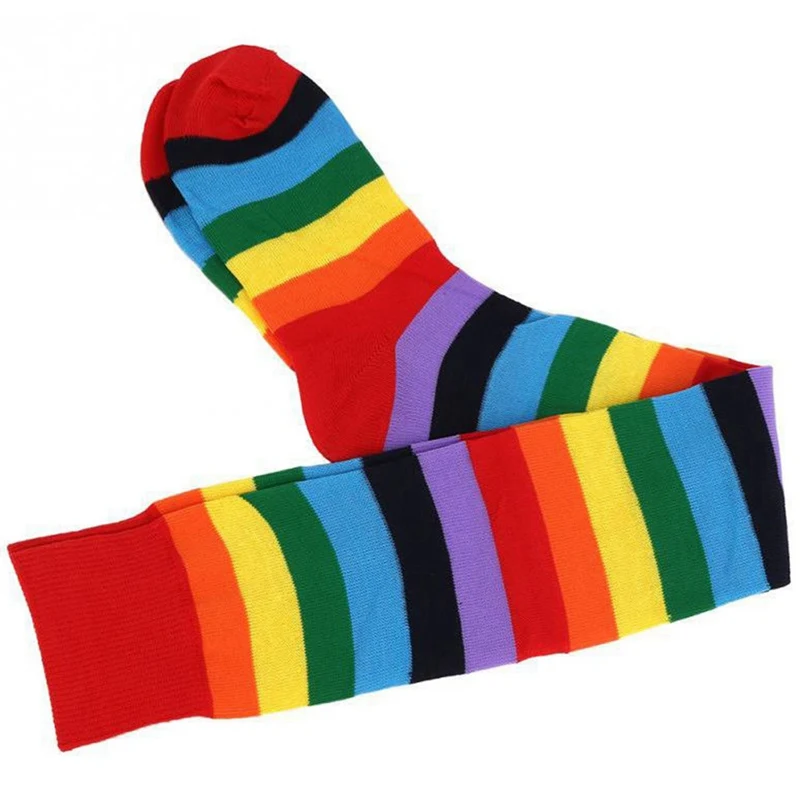 Fashion Women Rainbow Stripe Knee Thigh High Long Stocking Stretchy Fingerless Mitten Gloves Holiday Party Set