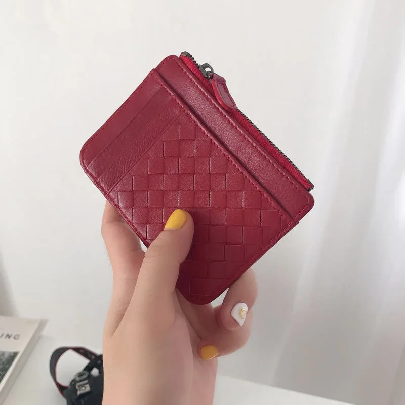 

Genuine Lambskin Leather Thin Credit Card Holder Knitted Soft Mini Women Wallet With Zipper Coin Pocket Female Candy Color Purse