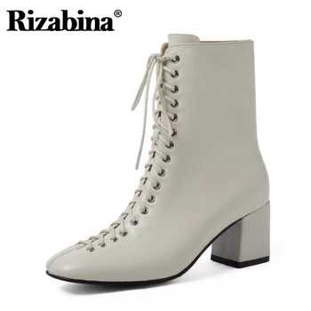 

Rizabina Real Leather Women Ankle Boots Thick Heel Lace Up Shoes Square Toe Warm Boots Fashion Women Party Footwear Size 34-39