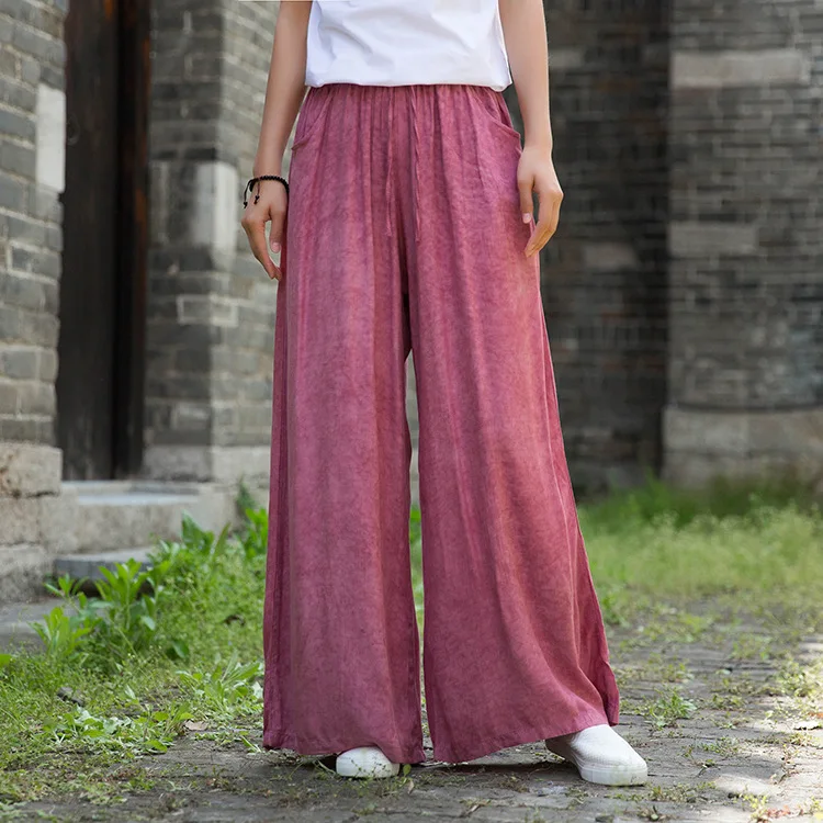 Johnature 2020 Autumn New Full Length Retro Elastic Waist Tie Dye Wide Leg Pants Loose Comfortable All-match Women Lace Up Pants