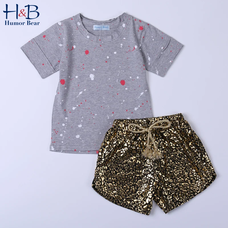 

Humor Bear Children Clothes Set Summer New Short Sleeve Dots T Shirt +Sequins Shorts 2pcs Casual Toddler Clothes