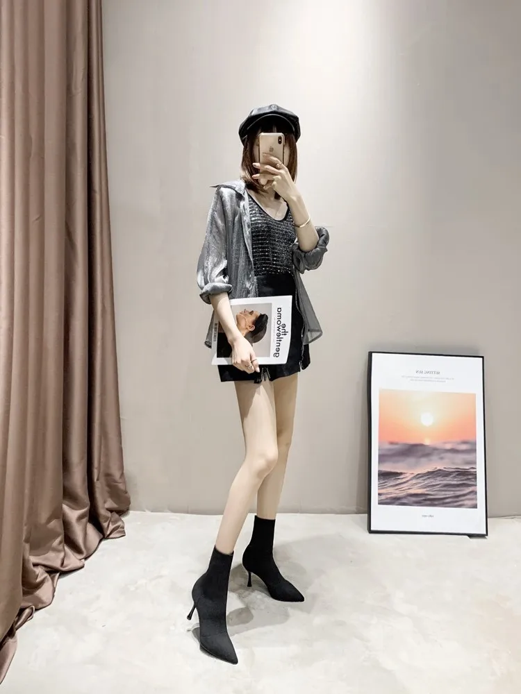 

Socks Boots Woman 2019 High-heeled Shoes Sharp Fine With Elastic Thin Boots Increase Down Short Boots