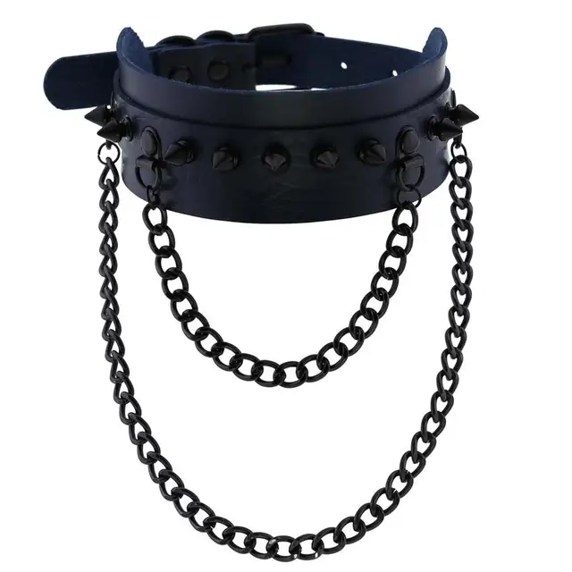 Gothic  Spike Choker Chain Collar Gothic Fashion Rivet black Leather Chokers Harajuku Grunge Goth necklace girls witch cosplay navy