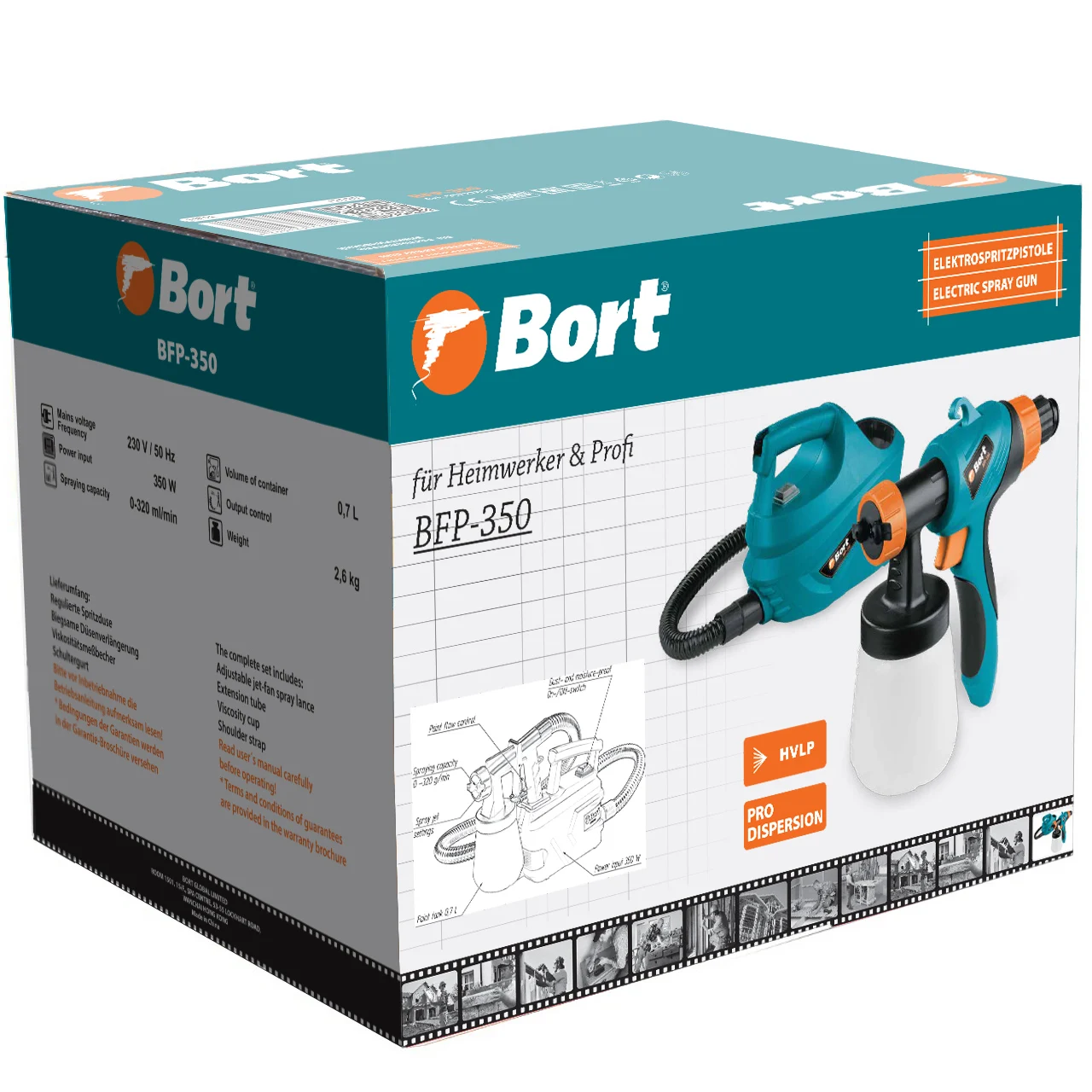 Распылитель электрический Bort BFP-350 (Мощность 350 Вт, емкость бачка 700 мл, производительность 700 мл/мин, регулировка скорости)