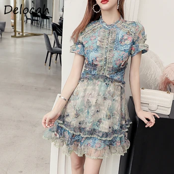 

Delocah Summer Women Fashion Designer A-Line Dress Short Sleeve Ruffles Floral Print Ladies Party Vintage Mini Dresses vestidos