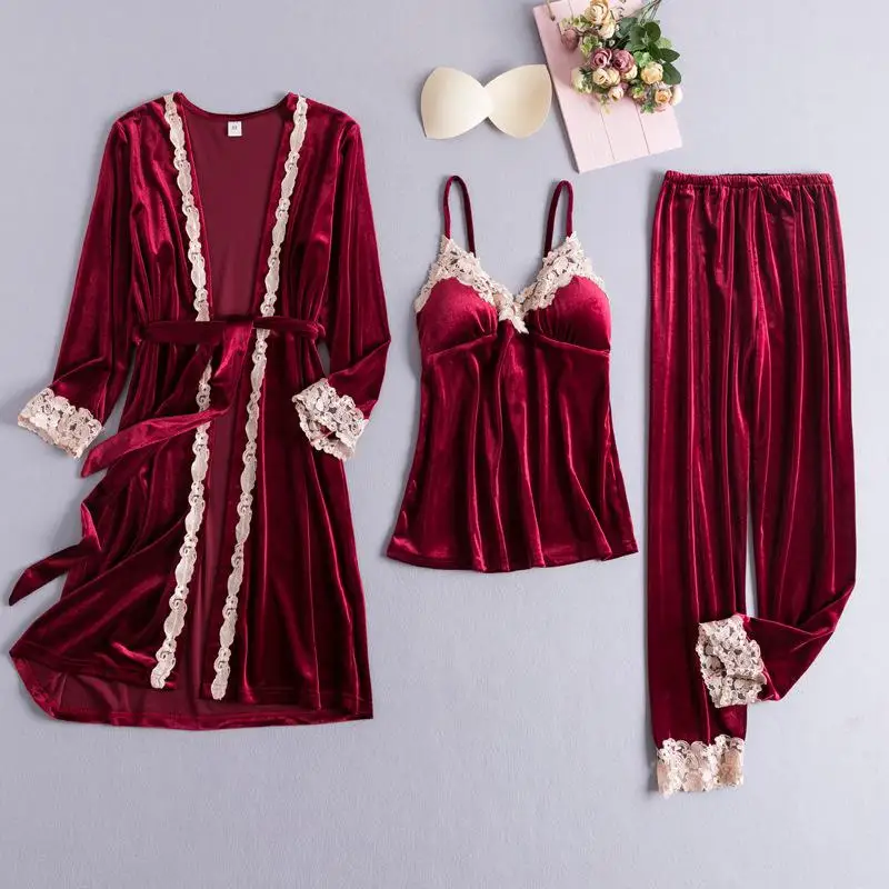 Burgundy 2 Кружевное лоскутное женское велюровое 3 шт. Пижамный костюм ночное белье мягкое кимоно халат серый свободный халат платье Повседневная одежда для сна домашняя одежда - Цвет: Burgundy 2