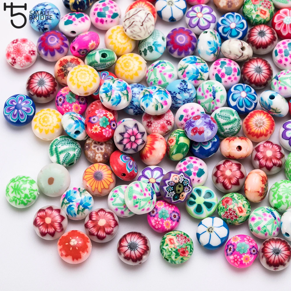 Clay-Beads Flower Diy Bracelet Jewelry-Making Round Perles Polymer Colorful Loose 12mm