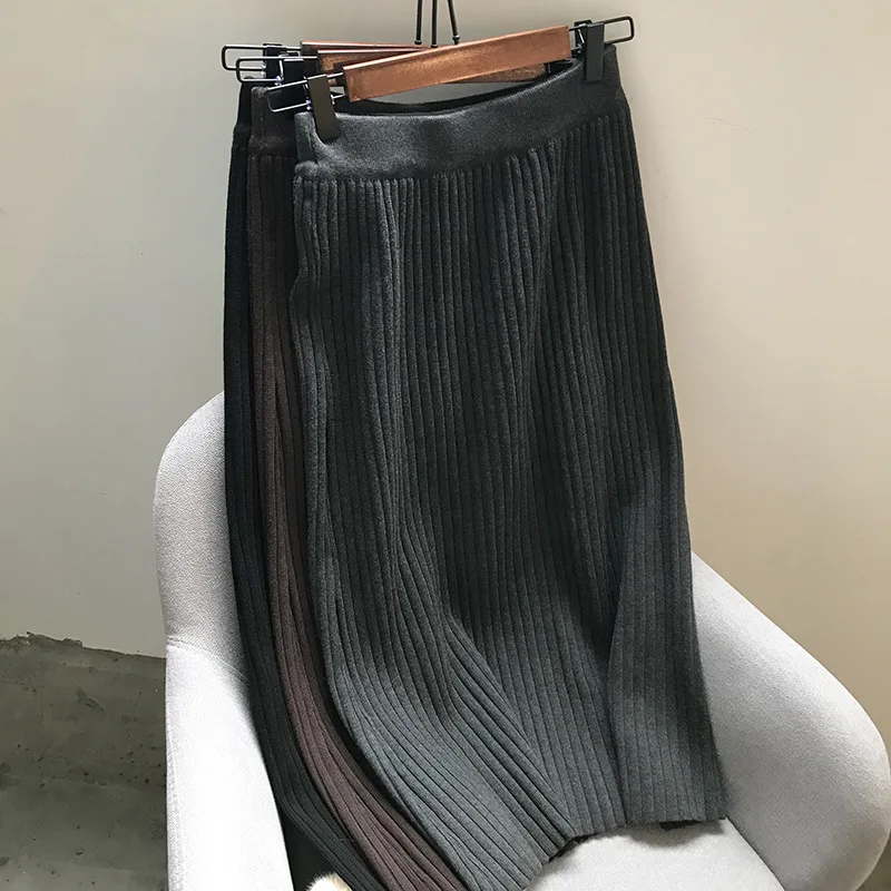 HXJJP Autumn Winter Knitted Skirt Women's New Mid Length High Waist Thin Solid Color Buttock Skirt