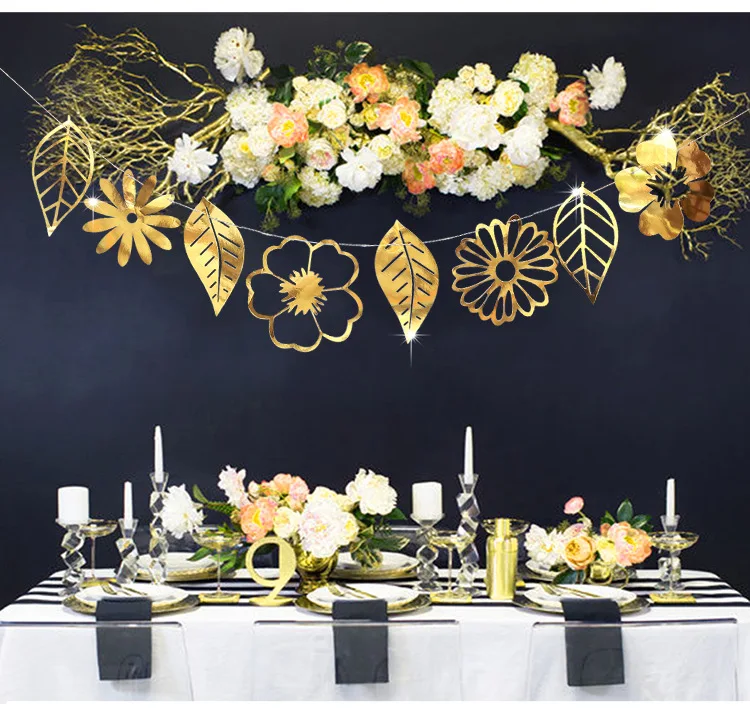 

Golden Silver Openwork Flowers Leaves Banner Birthday Pull Flag Wedding Party Pennant String Decoration