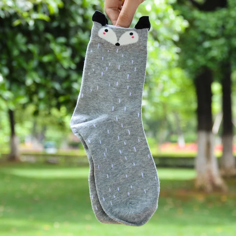 Funny Kawaii Korean Style Fox Pattern Women Cotton Crew Socks Cute Harajuku Gift for Girl Cartoon Animal Casual Purple Designer - Color: grey fox socks
