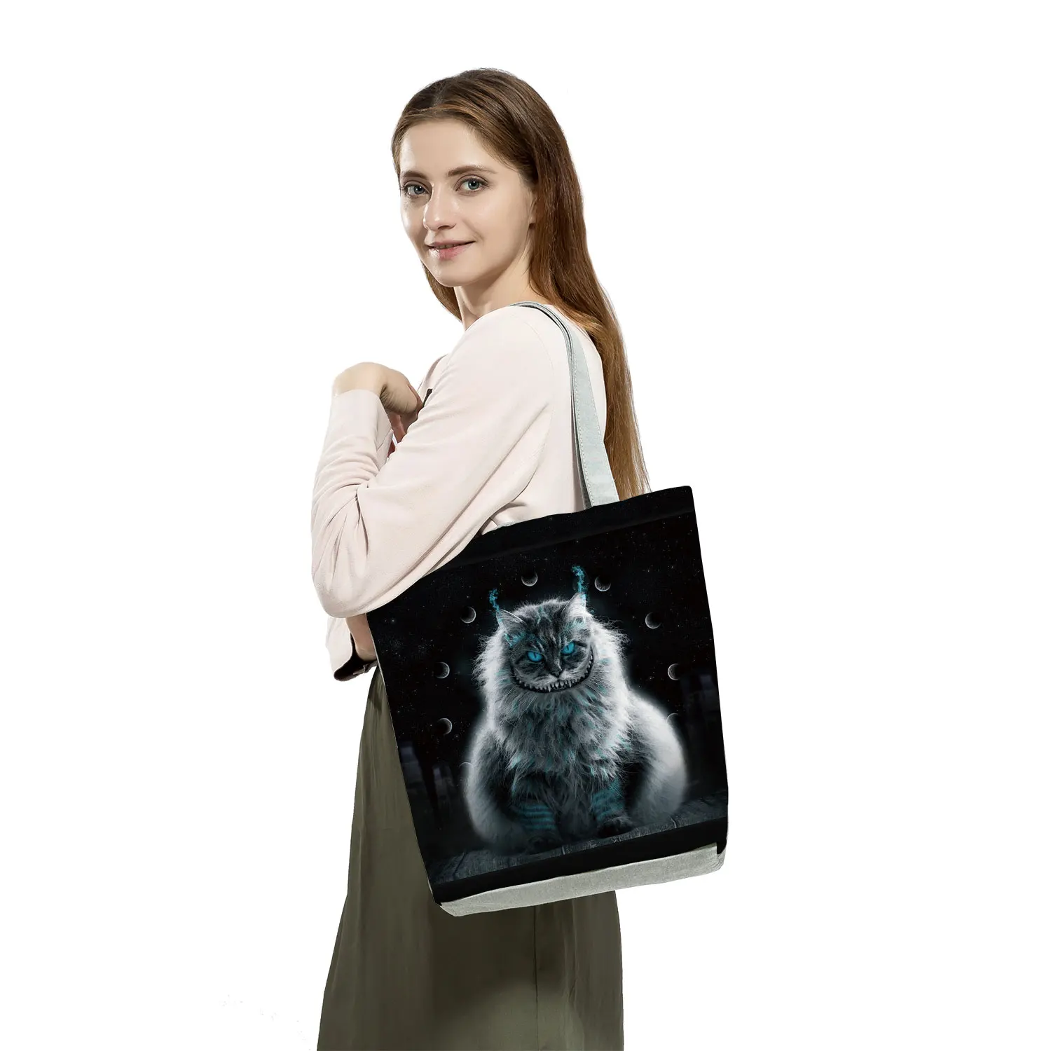 New for 2022 Reusable Handbag Shopping Bags High Capacity Travel Shoulder Bag Moon Cat Print Cool Tote Fashion Ladies Portable