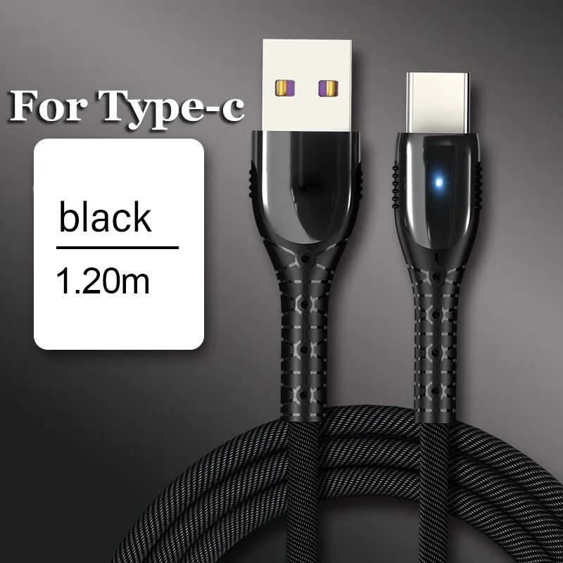 5A usb type-C светодиодный кабель для быстрой зарядки Micro USB type-C для huawei mate 20 Pro P20 samsung Xiaomi - Цвет: black for type c