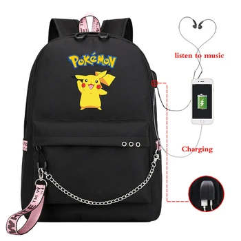 

Female Usb Charging Black Backpack Preppy Style Backpacks Pokemon Printing High School Bag Knapsack Women Bookbag Travel Bags