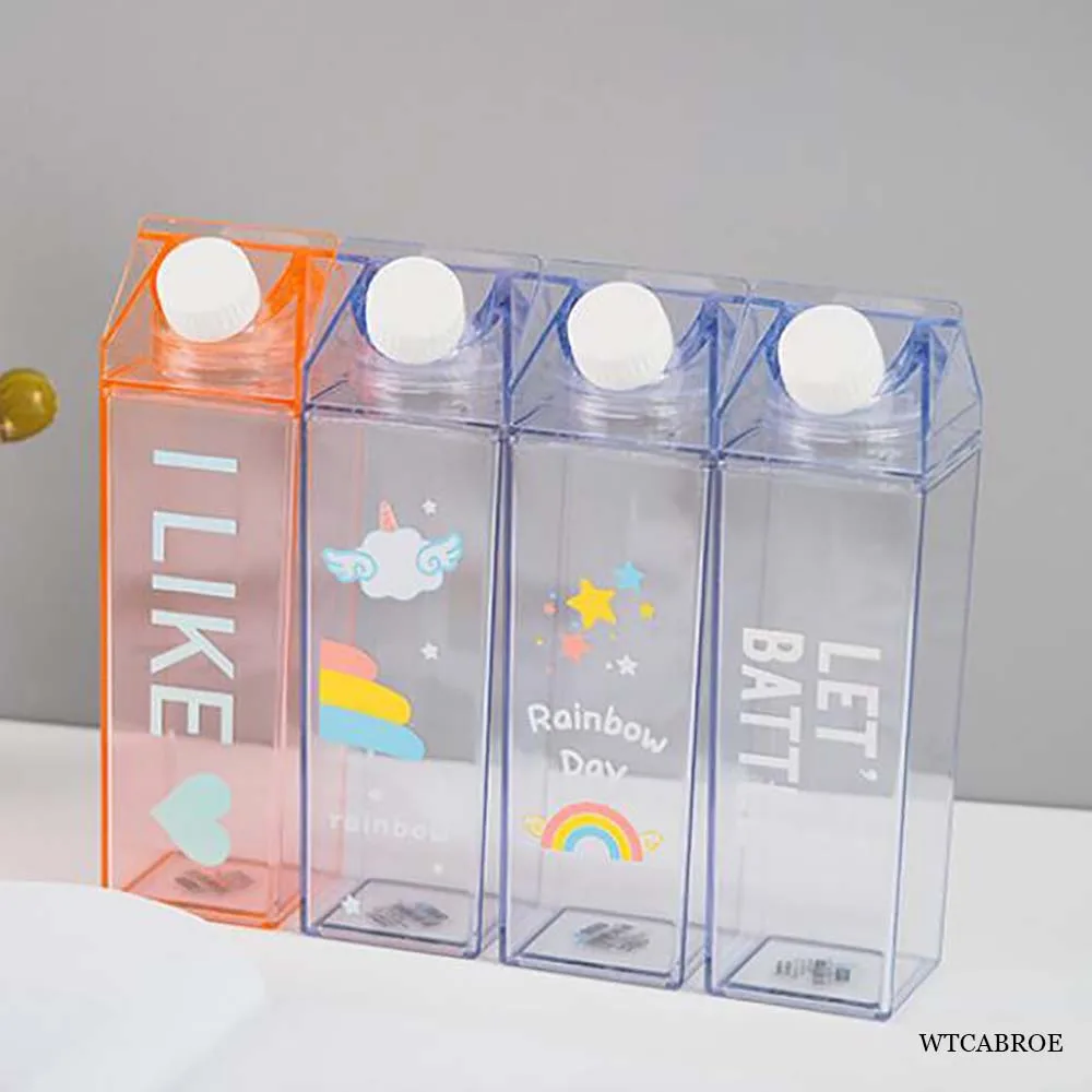 Water Bottle Sports Water bottle Plastic Clear Milk Carton Cute My Water Bottle Girls Reusable Juice Transparent Leakproof Cup Drinking