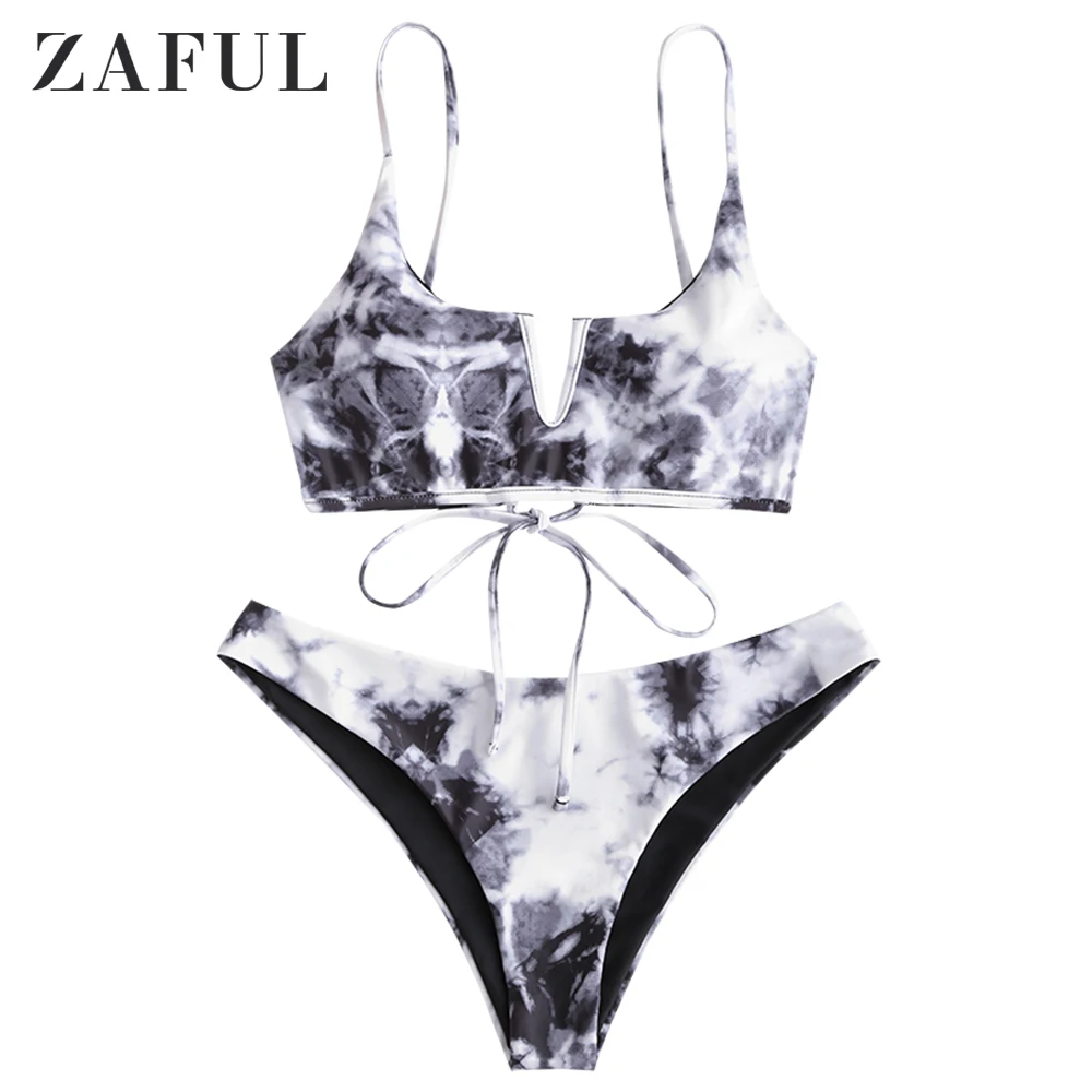

ZAFUL Women Tie Dye V-Wired Bralette Bikini Swimsuit Spaghetti Straps Lace Up Swimwear 2020 Padded Bathing Suit Fashion Summer