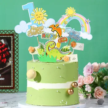 

Creative Cake Decoration Rainbow Dinosaur First Birthday Happy Birthday Cake Toppers for Boy`s Girl`s Baby Shower Cake Decor