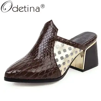 

Odetina Women Fashion Block Thick High Heel Mules Pumps Ladies Classics Slingbacks Round Toe Pull On Snakeskin New Casual Pumps