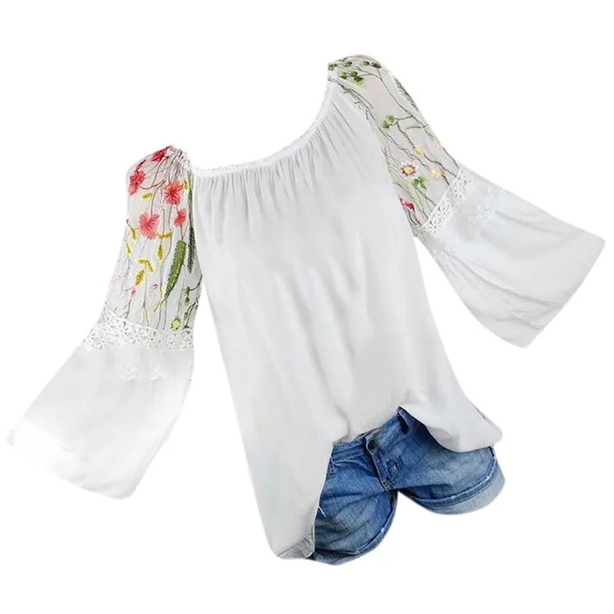 Женские топы и блузки Boho Модные женские топы с круглым вырезом блузка с цветочной вышивкой кружевные топы с расклешенными рукавами женские топы больших размеров