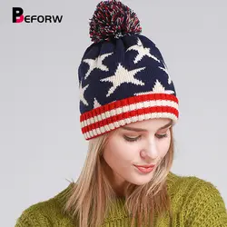 BEFORW 2019 Новая женская вязаная зимняя теплая шапочка шапки женские s Star мешковатые эластичные бини с помпоном шапка