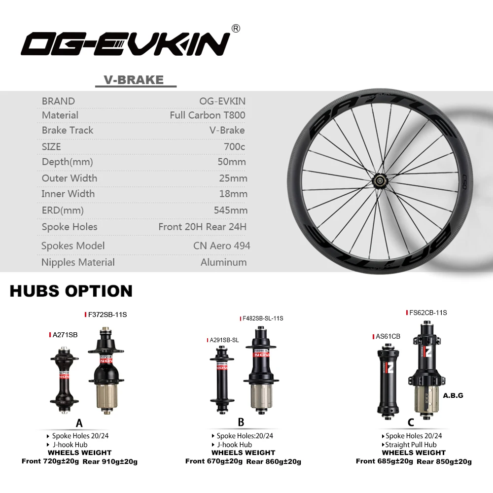 Sale OG-EVKIN RW-002 Carbon Wheels Clincher 50mm Depth 25mm Outer Width V-Brake/Disc Brake Carbon Wheel For Road Bike 700c Wheelset 2