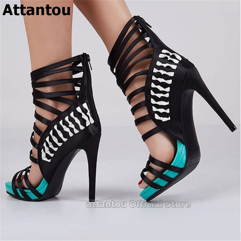 

Mixed Color Cut-out Narrow Band Sandals Women Summer High Heel Sandalias Sexy Party Dress Shoes Women Zapatos Mujer Plus Size 45