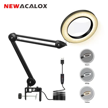 

NEWACALOX Table Lamp Folding USB 5X Magnifying Glass 3 Colors LED Light Magnifier Soldering Third Hand Illuminated Glass Loup