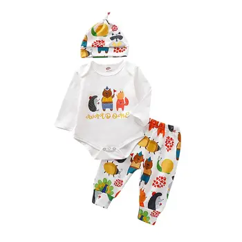 

3pcs Newborn Baby Wild One Romper+Cartoon Animals Print Long Pants+Hat Outfits