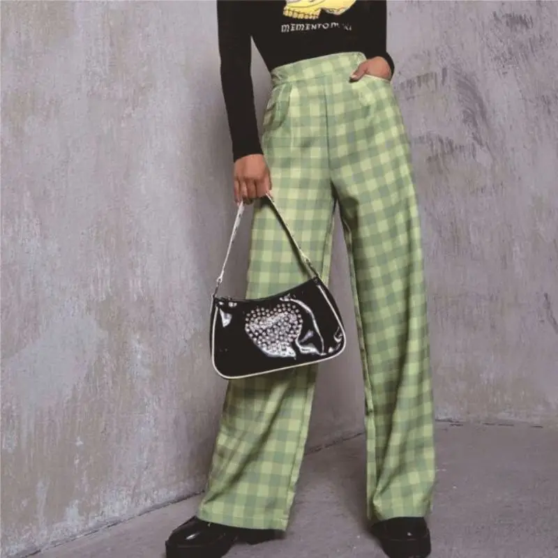 Green Plaid High Waist Pants Trousers Women Autumn Winter Slim-Fitting Plaid Pants All-Match Weila Casual Street Hipster Trouser