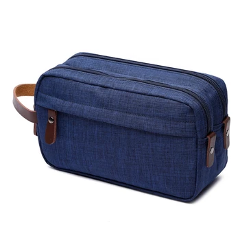 

Blue Casual Canvas Cosmetic Bag with Leather Handle Travel Men Wash Shaving Women Toiletry Storage Waterproof Toilet Organizer B