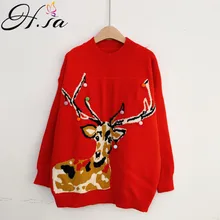 H.SA Women Christmas Sweaters Cartoon Christmas Deers Embroidery Knit Sweater Jumpers Red Warm Chic Retro Pull Femme