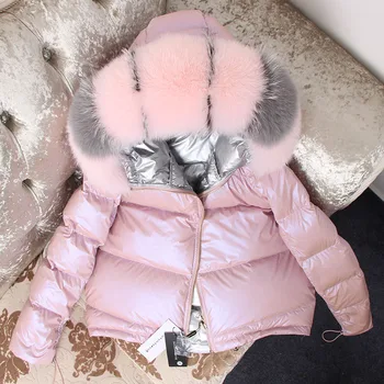 

Fashion glossy coat hooded fox fur collar thicken down coat female warm Parkas winter loose short down jacket Double-sided wear