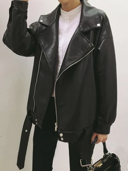Chaqueta de piel sintética de estilo motociclista para Mujer, Chaqueta de estilo coreano de gran tamaño, color negro, 2019