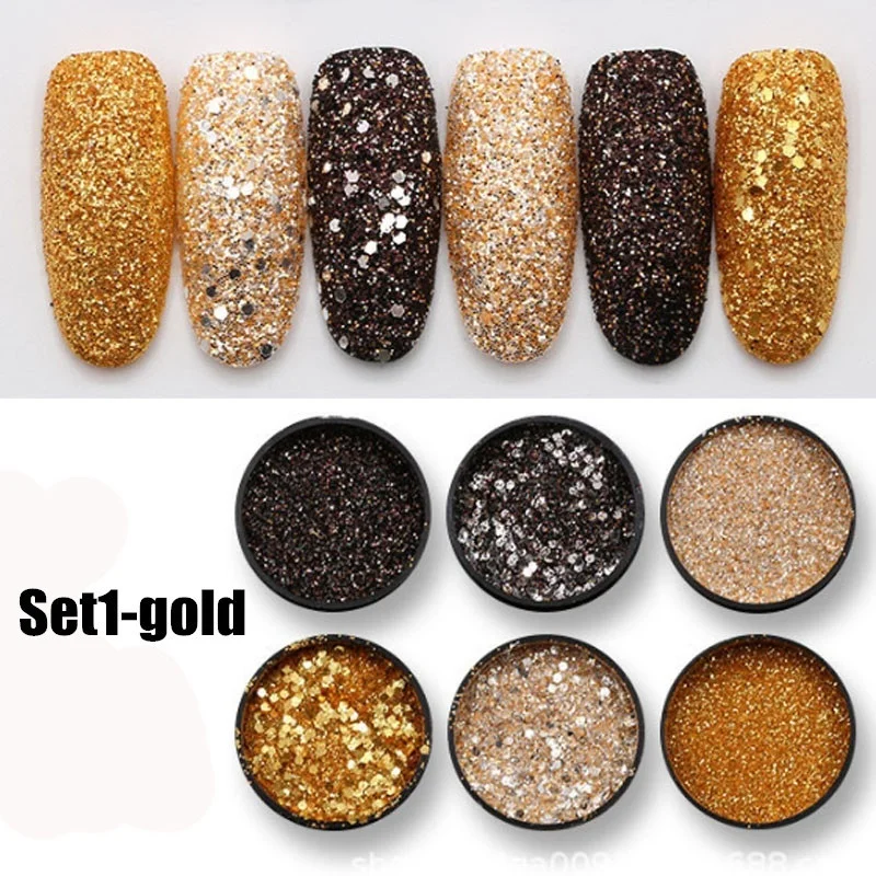 6 Pcs/set Shiny Silver Glitter Sequin Black Glitter Powder Nail Art DIY Powder Dust Fairy Dust Makeup Manicure Nail Decoration
