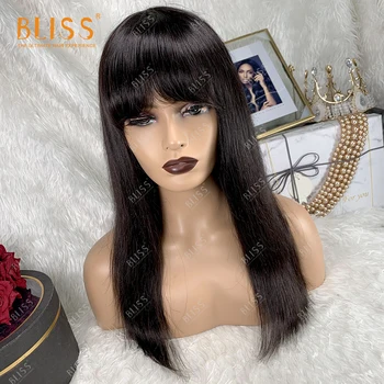 

BLISS Human Hair Wig With Bangs Straight Blunt Cut Bob Wig For Women Natural dark Cheap Wigs Full Machine